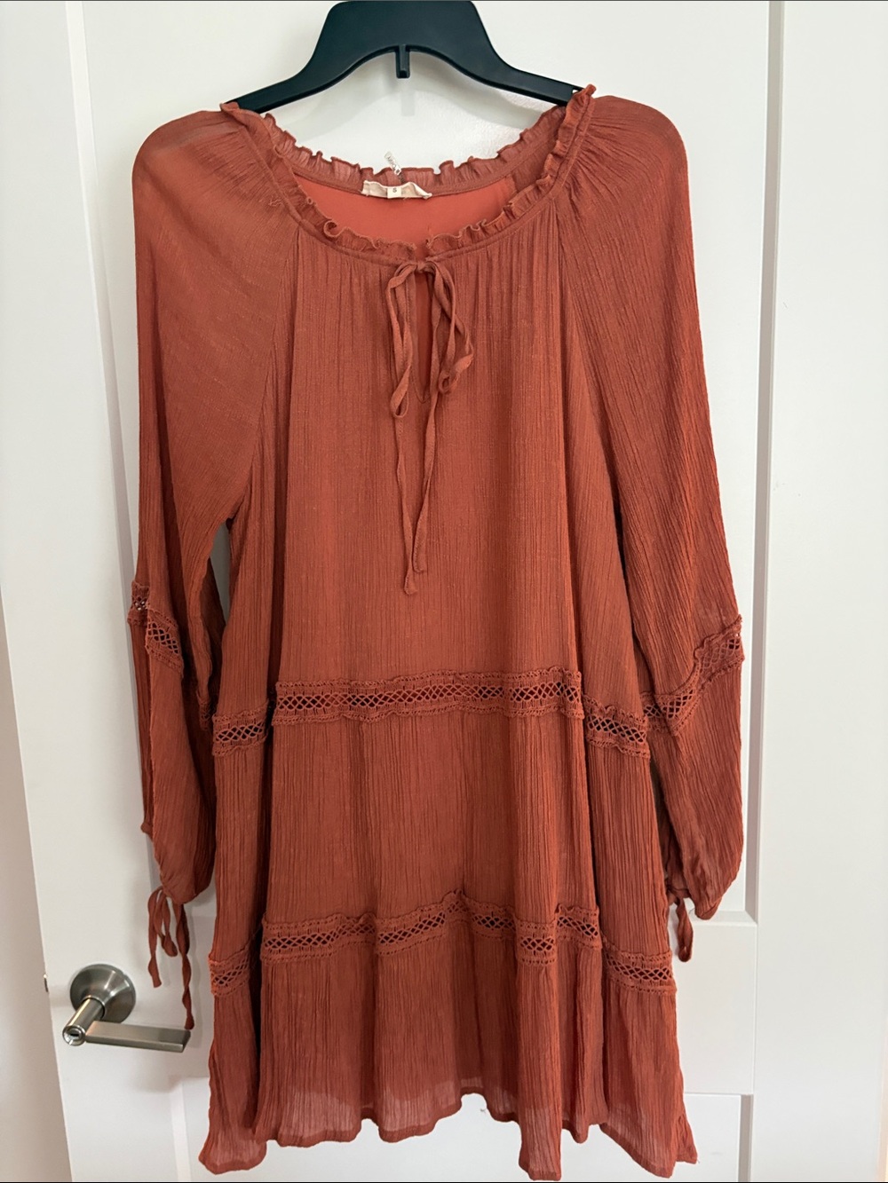 Rust Tie-Neck Gauze Dress